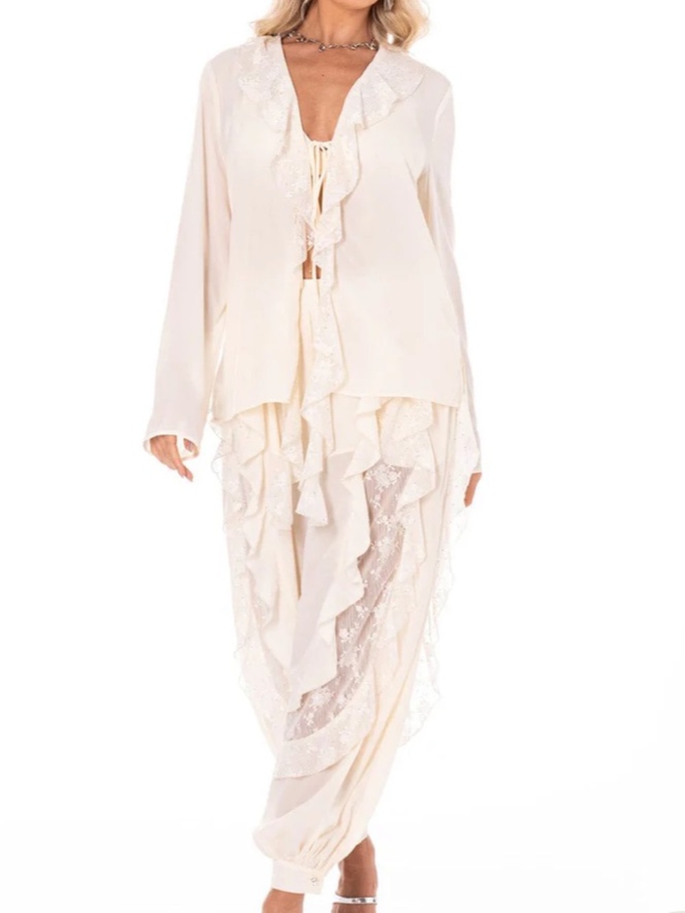 Lace Inset Floral & Ruffle Accent Elastic Waist Pant SET w Rhinestone Studs - Picture 1 of 3